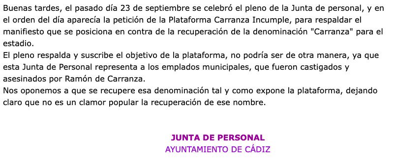 Comunicado Junta Personal Ayuntamiento de Cádiz