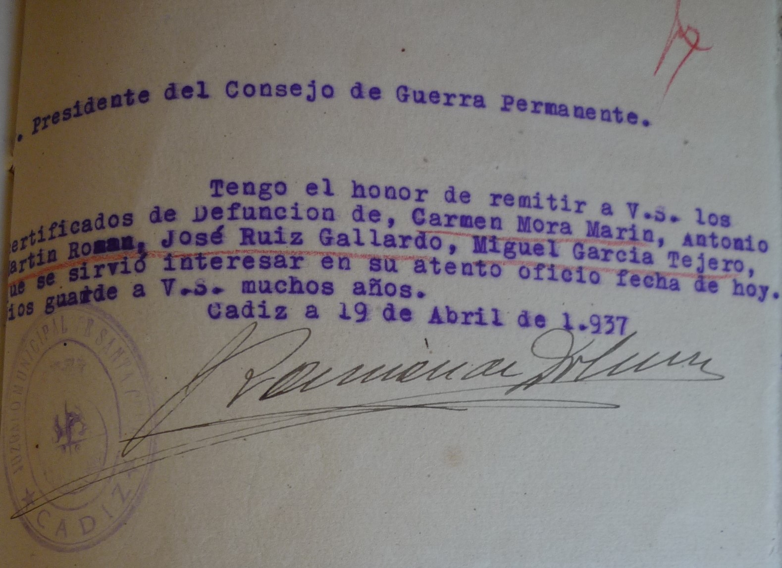 Procedimiento sumarísimo de urgencia nº29 contra Carmen Mora Martin, que resultó condenada a muerte y pasada por las armas.