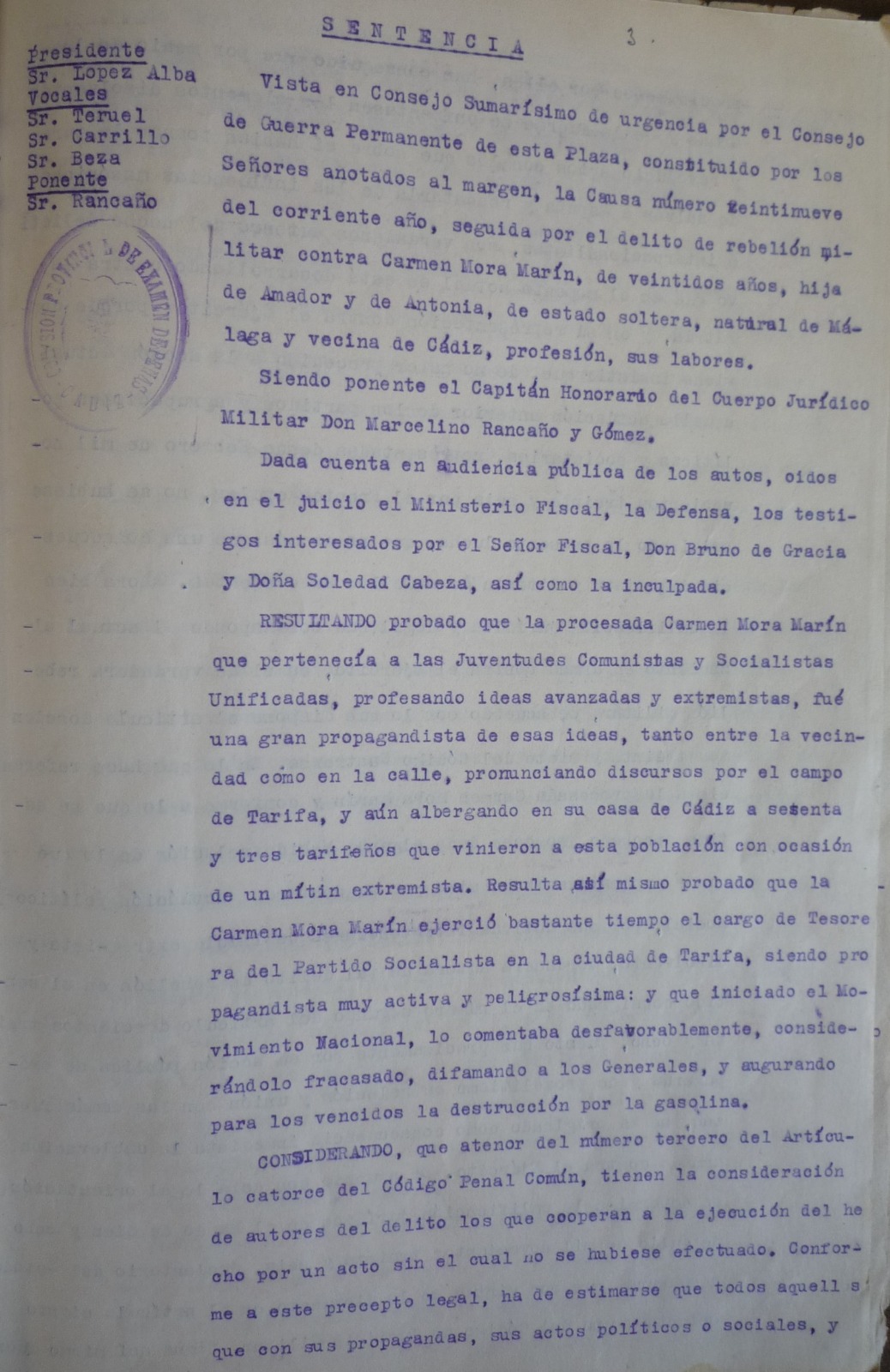 Texto de la sentencia Procedimiento sumarísimo de urgencia nº29 contra Carmen Mora Martin, que resultó condenada a muerte y pasada por las armas.